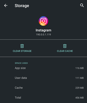 Cancellazione della cache su Instagram