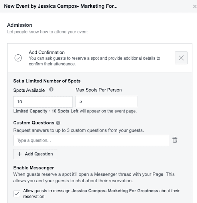 Start a Facebook conversation with people signing up for your Facebook event