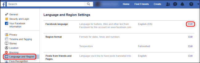 Tap “Edit” located next to Facebook language