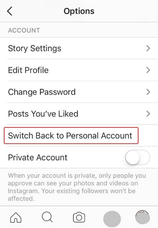 Switch back option Schritte, um Ihr Instagram-Konto privat zu machen